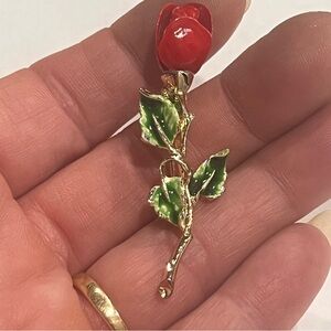 Red Rose Brooch Pin with Green Leaves